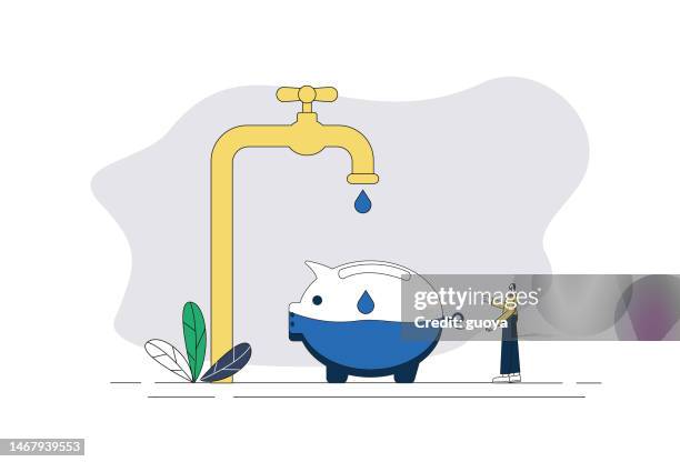 stockillustraties, clipart, cartoons en iconen met filling water with piggy bank, water saving and environmental protection concept illustration. - water valve