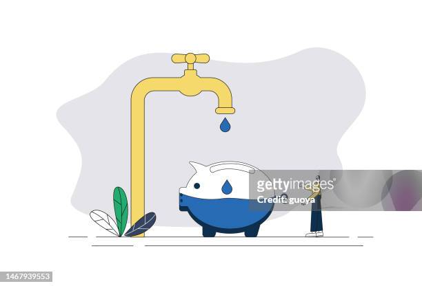 filling water with piggy bank, water saving and environmental protection concept illustration. - water valve 幅插畫檔、美工圖案、卡通及圖標