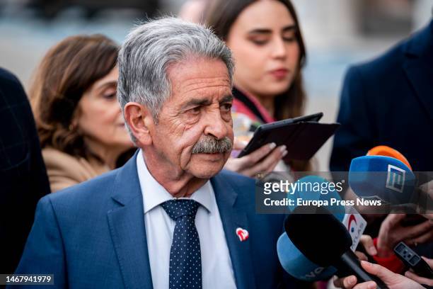 The president of Cantabria, Miguel Angel Revilla, attends to the media upon his arrival to a meeting with the Minister of Transport, Mobility and...