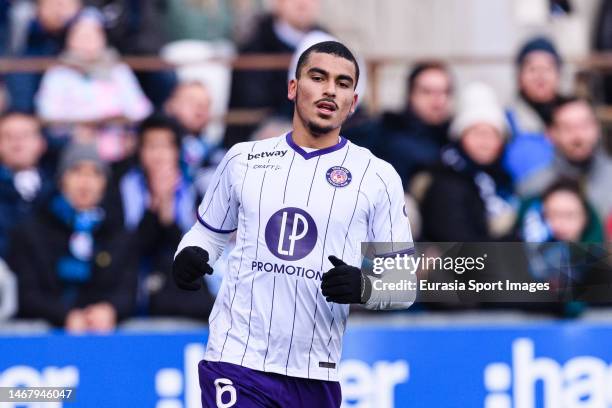 Zakaria Aboukhlal of Toulouse runs in the field during the Ligue 1 match between RC Strasbourg and Toulouse FC at Stade de la Meinau on January 29,...