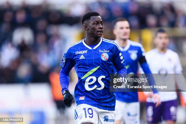 Mouhamadou Diarra of Strasbourg runs in the field during the Ligue 1 match between RC Strasbourg and Toulouse FC at Stade de la Meinau on January 29,...