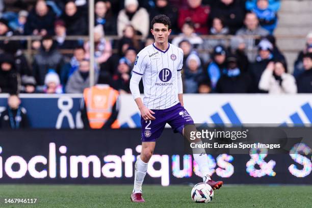 Rasmus Nicolaisen of Toulouse controls the ball during the Ligue 1 match between RC Strasbourg and Toulouse FC at Stade de la Meinau on January 29,...