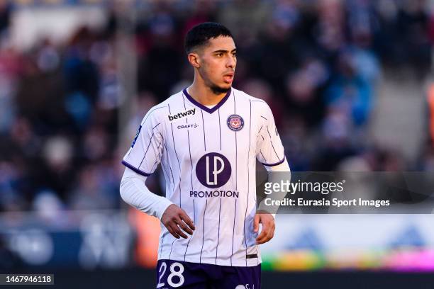 Fares Chaibi of Toulouse in action during the Ligue 1 match between RC Strasbourg and Toulouse FC at Stade de la Meinau on January 29, 2023 in...