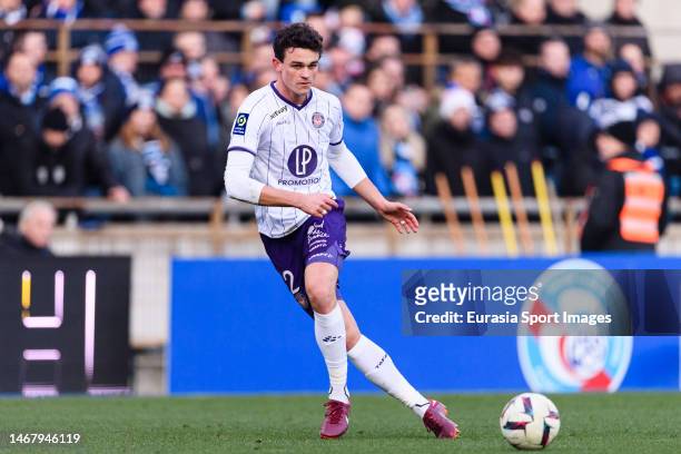 Rasmus Nicolaisen of Toulouse passes the ball during the Ligue 1 match between RC Strasbourg and Toulouse FC at Stade de la Meinau on January 29,...