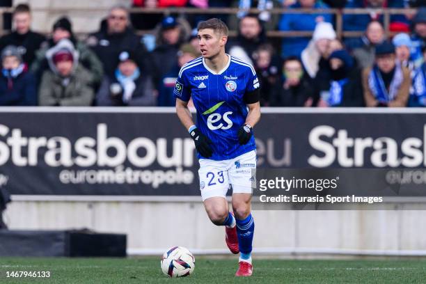 Maxime Le Marchand of Strasbourg controls the ball during the Ligue 1 match between RC Strasbourg and Toulouse FC at Stade de la Meinau on January...