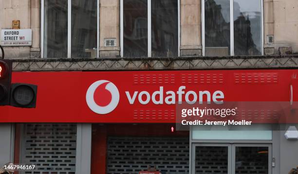 The exterior of a Vodafone store photographed on February 18, 2023 in London, England.