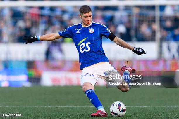 Maxime Le Marchand of Strasbourg looks to pass the ball during the Ligue 1 match between RC Strasbourg and Toulouse FC at Stade de la Meinau on...
