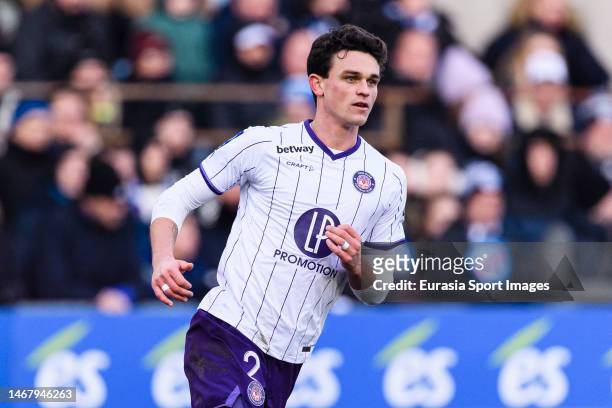 Rasmus Nicolaisen of Toulouse in action during the Ligue 1 match between RC Strasbourg and Toulouse FC at Stade de la Meinau on January 29, 2023 in...