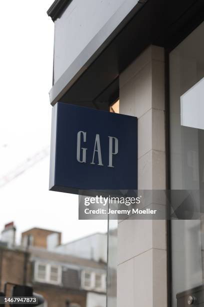 The exterior of a GAP store photographed on February 18, 2023 in London, England.