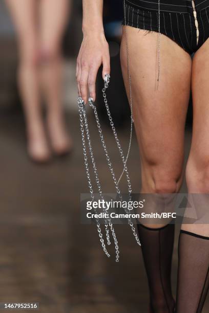 Model, nail art detail, walks the runway at the Dilara Findikoglu show during London Fashion Week February 2023 on February 20, 2023 in London,...