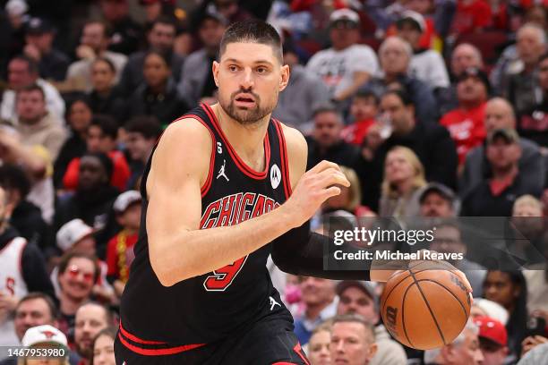 Nikola Vucevic of the Chicago Bulls drives to the basket against the Milwaukee Bucks during the second half at United Center on February 16, 2023 in...