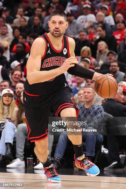 Nikola Vucevic of the Chicago Bulls drives to the basket against the Milwaukee Bucks during the second half at United Center on February 16, 2023 in...