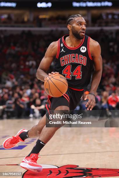 Patrick Williams of the Chicago Bulls dribbles against the Milwaukee Bucks during the second half at United Center on February 16, 2023 in Chicago,...
