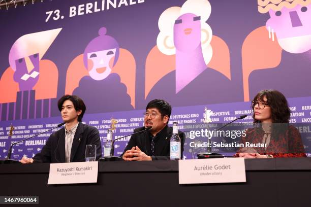 Yuto Nakajima, Kazuyoshi Kumakiri and Aurelie Godet speak on stage at the "#Manhole" press conference during the 73rd Berlinale International Film...