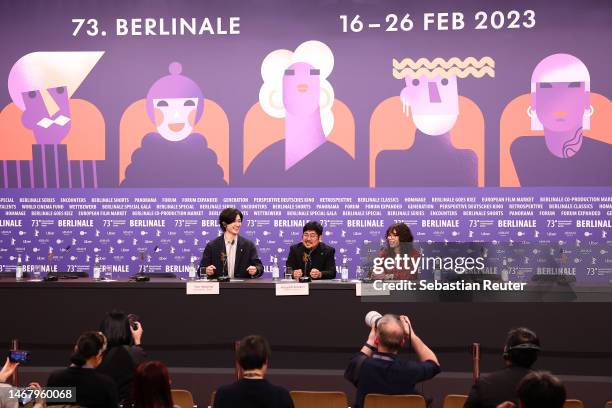 Yuto Nakajima, Kazuyoshi Kumakiri and Aurelie Godet speak on stage at the "#Manhole" press conference during the 73rd Berlinale International Film...