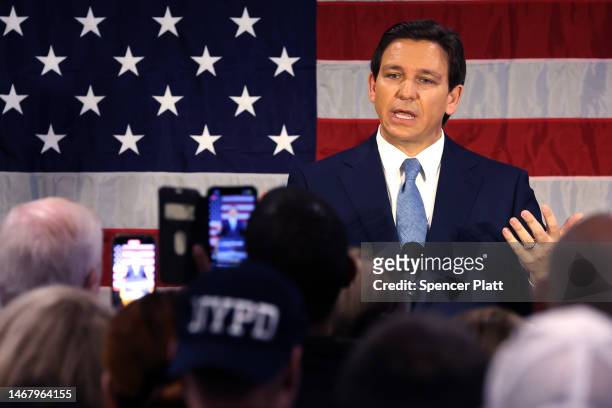 Florida Gov. Ron DeSantis speaks to police officers about protecting law and order at Prive catering hall on February 20, 2023 in the Staten Island...