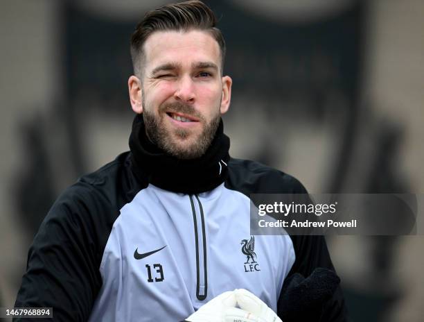 Adrian of Liverpool during a training session ahead of their UEFA Champions League round of 16 match against Real Madrid at Anfield on February 20,...
