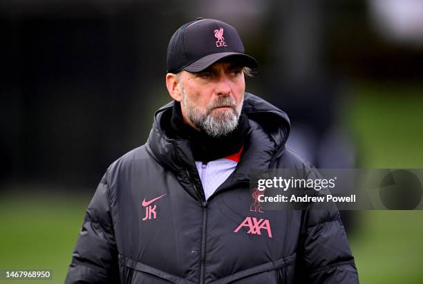 Jurgen Klopp manager of Liverpool during a training session ahead of their UEFA Champions League round of 16 match against Real Madrid at Anfield on...