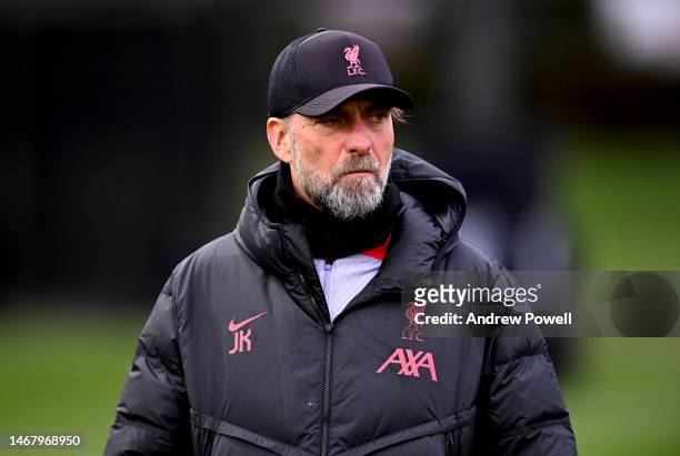 Jurgen Klopp manager of Liverpool during a training session ahead of their UEFA Champions League round of 16 match against Real Madrid at Anfield on...