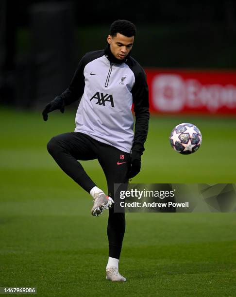 L1 during a training session ahead of their UEFA Champions League round of 16 match against Real Madrid at Anfield on February 20, 2023 in Liverpool,...