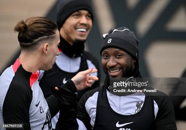 Naby Keita of Liverpool during a training session ahead of their UEFA Champions League round of 16 match against Real Madrid at Anfield on February...