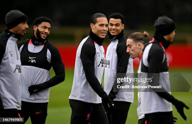 Virgil van Dijk of Liverpool during a training session ahead of their UEFA Champions League round of 16 match against Real Madrid at Anfield on...