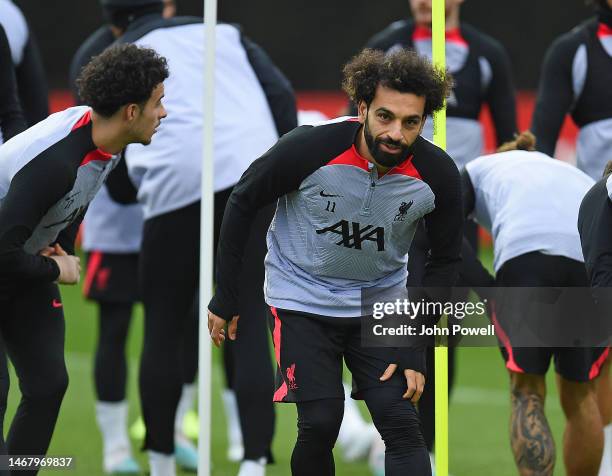 Mohamed Salah of Liverpool during a training session ahead of their UEFA Champions League round of 16 match against Real Madrid at Anfield on...