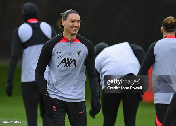 Darwin Nunez of Liverpoolduring a training session ahead of their UEFA Champions League round of 16 match against Real Madrid at Anfield on February...