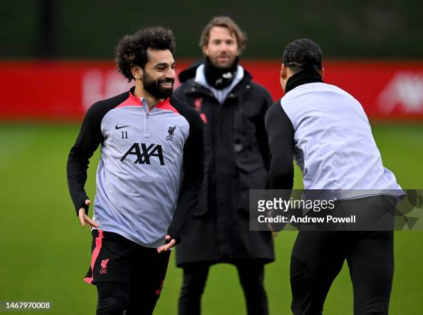 Mohamed Salah of Liverpool during a training session ahead of their UEFA Champions League round of 16 match against Real Madrid at Anfield on...