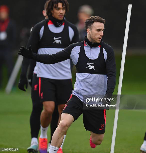 Diogo Jota of Liverpool during a training session ahead of their UEFA Champions League round of 16 match against Real Madrid at Anfield on February...