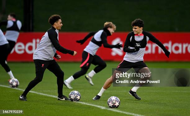 Stefan Bajcetic of Liverpool during a training session ahead of their UEFA Champions League round of 16 match against Real Madrid at Anfield on...