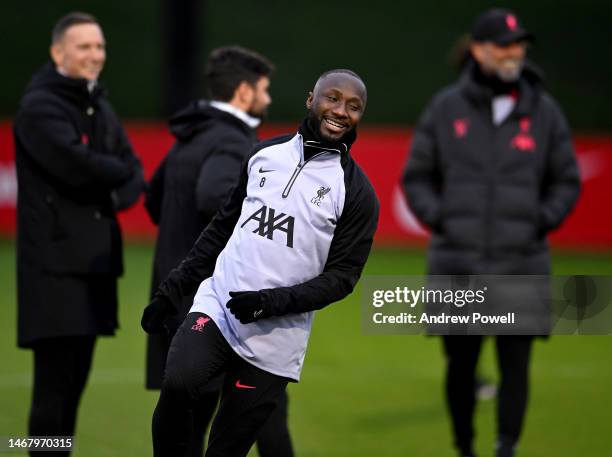 Naby Keita of Liverpool during a training session ahead of their UEFA Champions League round of 16 match against Real Madrid at Anfield on February...