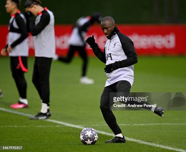 Naby Keita of Liverpool during a training session ahead of their UEFA Champions League round of 16 match against Real Madrid at Anfield on February...