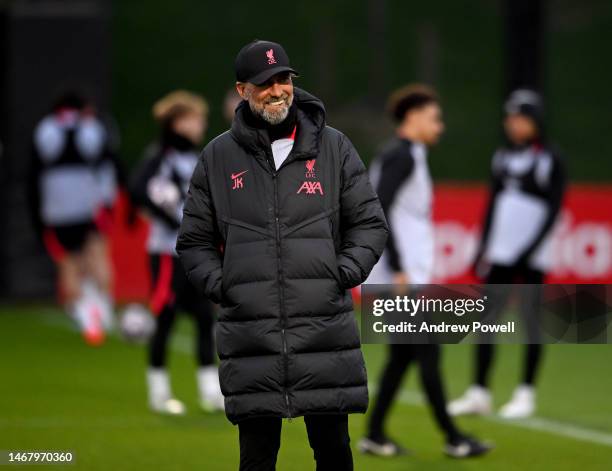 Jurgen Klopp manager of Liverpool during a training session ahead of their UEFA Champions League round of 16 match against Real Madrid at Anfield on...