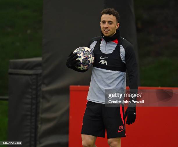 Diogo Jota of Liverpool during a training session ahead of their UEFA Champions League round of 16 match against Real Madrid at Anfield on February...