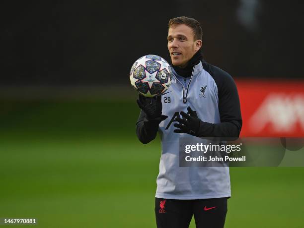 Arthur Melo of Liverpool during a training session ahead of their UEFA Champions League round of 16 match against Real Madrid at Anfield on February...