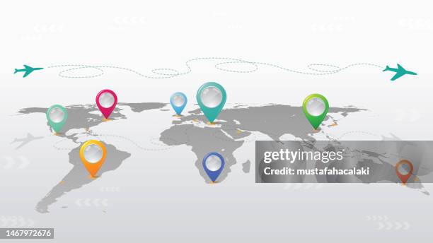 illustrazioni stock, clip art, cartoni animati e icone di tendenza di mappa di viaggio del mondo con puntatori 3d - prospettiva