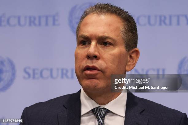 Permanent Representative of Israel to the United Nations Ambassador Gilad Erdan speaks during a press conference after a UN Security Council meeting...