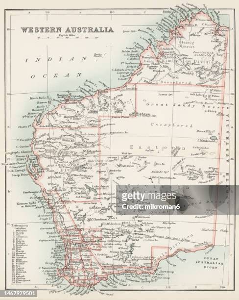 old chromolithograph map of western australia - western australia border stock pictures, royalty-free photos & images