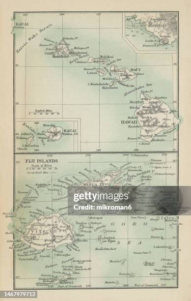 old chromolithograph map of islands in the pacific ocean (fiji  nad hawaii) - hawaiian glyph stockfoto's en -beelden