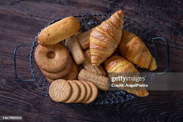 tray with biscuits, wholemeal cookies and croissants - bread butter stock pictures, royalty-free photos & images