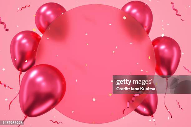 pink balloons and confetti. beautiful bright 3d greeting background, panoramic banner. copy space. - birthday confetti stock pictures, royalty-free photos & images