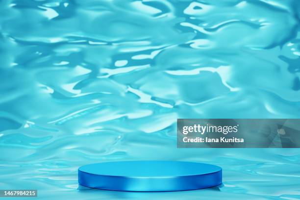 blue podium, platform for displaying products on transparent water background. beauty 3d pattern. - gel per capelli foto e immagini stock