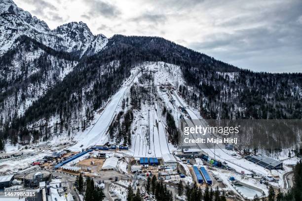General view of the ski jumping hills in Planica prior to at the FIS Nordic World Ski Championships Planica on February 20, 2023 in Planica, Slovenia.