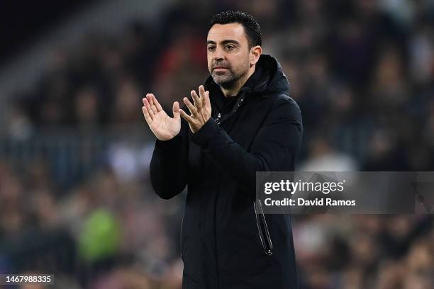 Head Coach Xavi Hernandez of FC Barcelona looks on during the LaLiga Santander match between FC Barcelona and Cadiz CF at Spotify Camp Nou on...