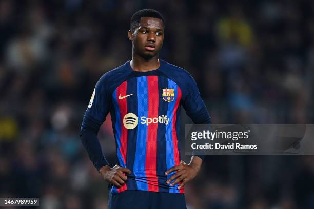 Ansu Fati of FC Barcelona looks on during the LaLiga Santander match between FC Barcelona and Cadiz CF at Spotify Camp Nou on February 19, 2023 in...