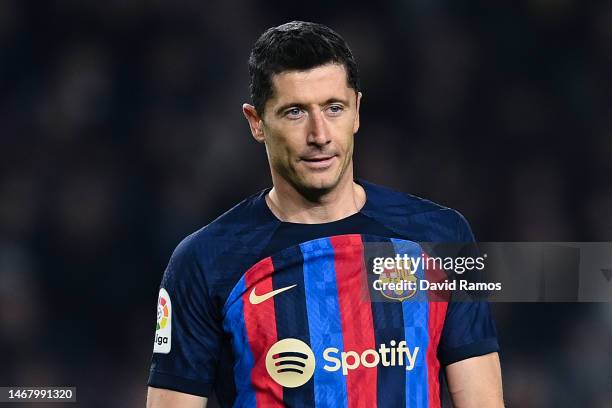 Robert ewandowski of FC Barcelona looks on during the LaLiga Santander match between FC Barcelona and Cadiz CF at Spotify Camp Nou on February 19,...