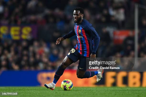 Franck Kessie of FC Barcelona runs with the balls during the LaLiga Santander match between FC Barcelona and Cadiz CF at Spotify Camp Nou on February...