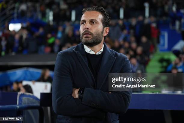 Ruben Baraja, Head Coach of Valencia CF, looks on during the LaLiga Santander match between Getafe CF and Valencia CF at Coliseum Alfonso Perez on...