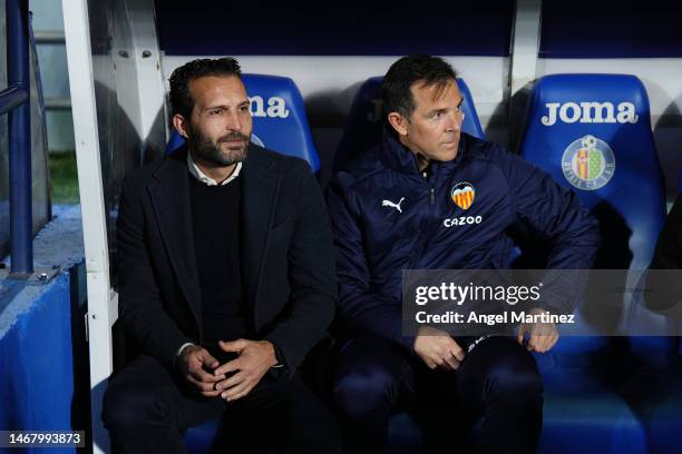 Ruben Baraja, Head Coach of Valencia CF and Carlos Marchena, Assistant Coach look on prior to the LaLiga Santander match between Getafe CF and...